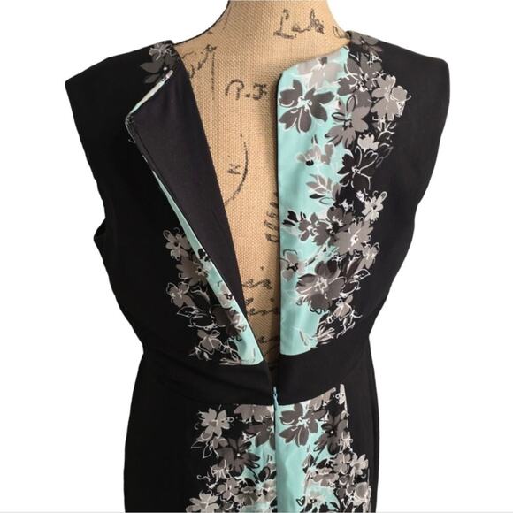 London Times Black and Aqua Color Block Floral Sheath Career Dress Size 10 - Picture 3 of 9